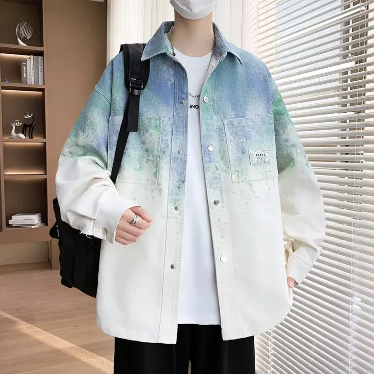 款青少年渐变夹克男潮流百搭宽松扎染港风韩版2025春季新衬衫外套