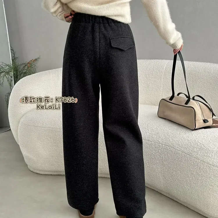 秋冬加绒加厚休闲九分毛呢裤慵懒松弛花边睫毛女裤