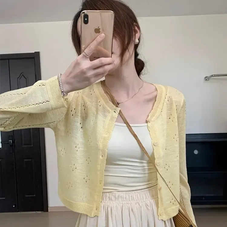 韩版镂空秋季针织开衫清新外套女纯色甜美清新温柔风外搭罩衫上衣