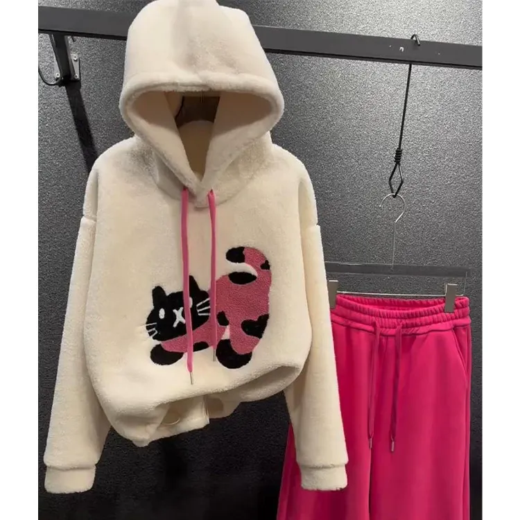 可爱卡通猫咪印花卫衣女2025春季新款抽绳收腰显瘦百搭上衣服0851