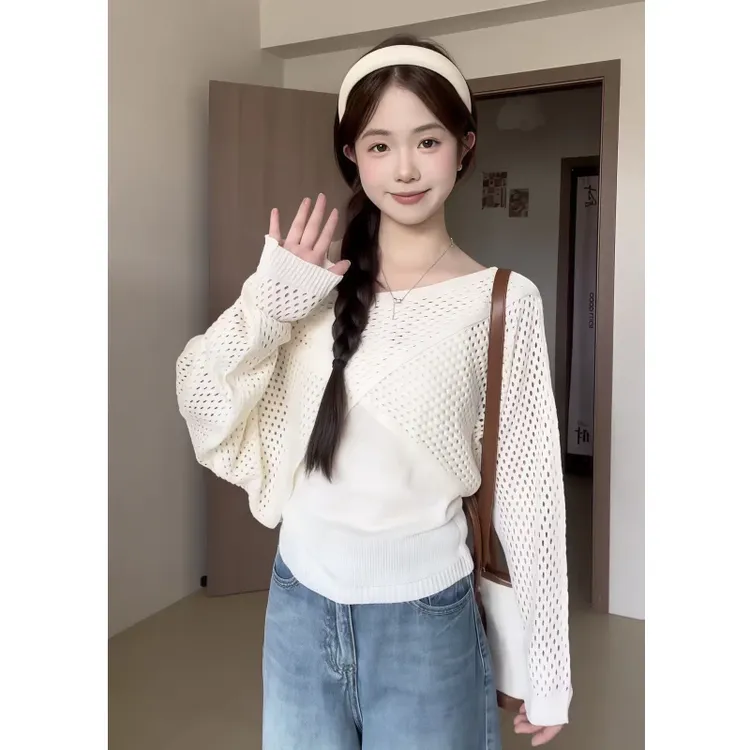 夏季新款韩温柔风镂空针织衫纯色吊带背心两件套女系甜美气质上衣