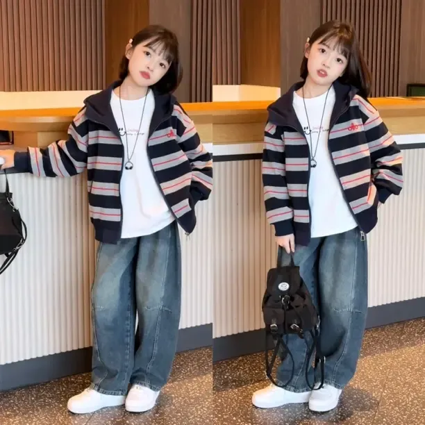 女童外套秋装2025新款儿童韩范穿搭女大童宽松版条纹拉链开衫