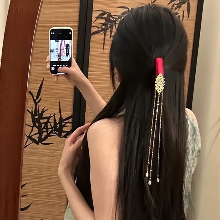 红鸾天禧~新中式手工款红色流苏发夹女半扎发饰国风复古新年头饰