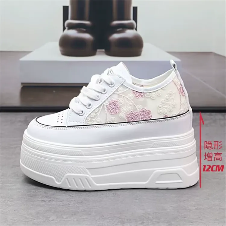 增高12CM松糕小白鞋女夏季蕾丝网面透气新款百搭休闲厚底10cm网鞋