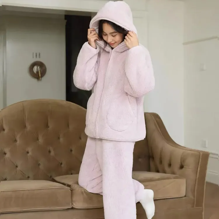 女士连帽长袖长裤纯色加厚保暖冬季睡衣套装入冬漂亮衣服
