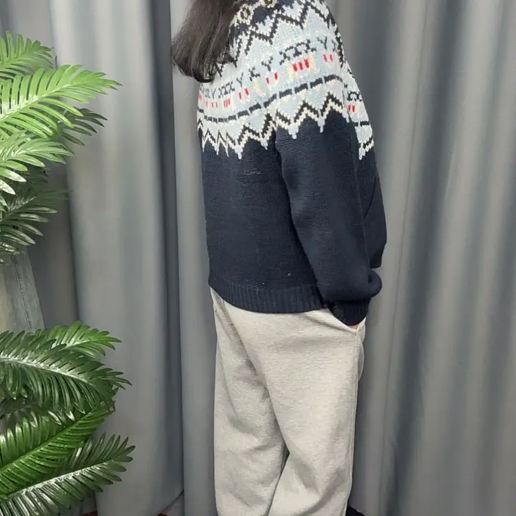 慵懒风费尔岛提花刺绣女毛针织衫蓝色圆领宽松时尚