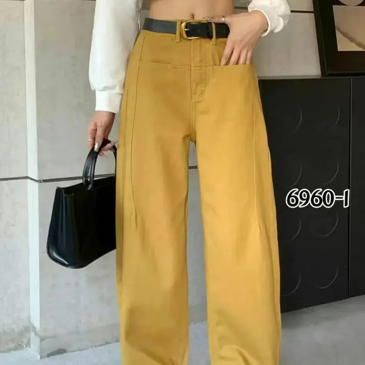 黄色宽松显瘦阔腿牛仔裤春季新款高腰直筒垂感休闲裤