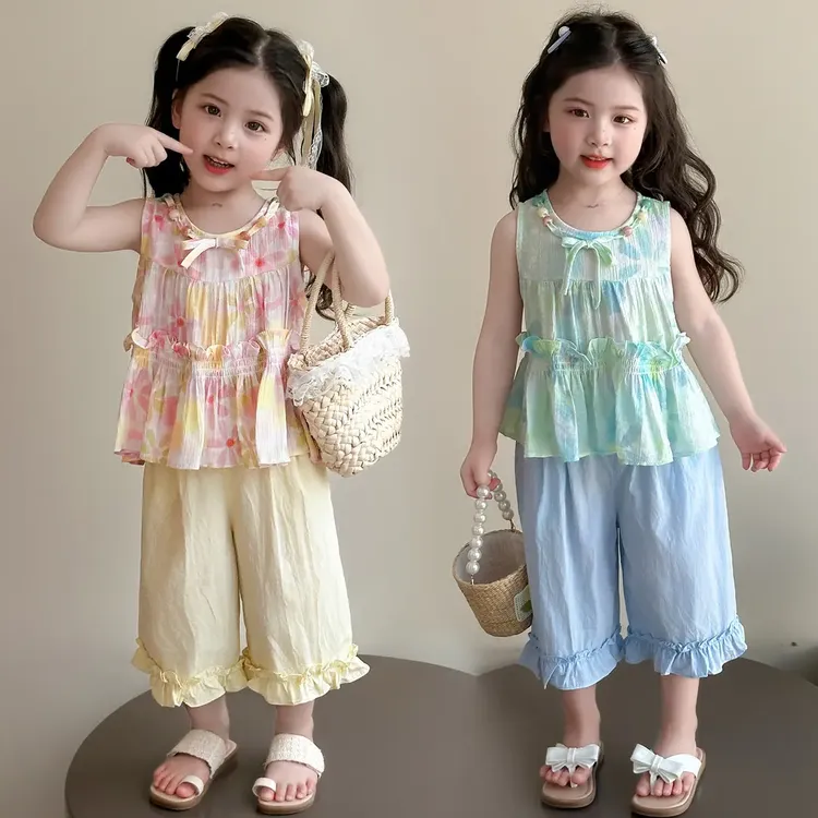 女童套装夏季洋气碎花套装2025新款小女孩夏款儿童阔腿裤两件套潮