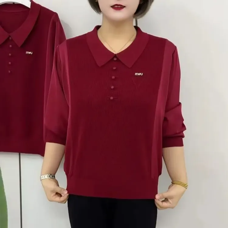 2025春季新款高档翻领宽松遮肉气质减龄妈妈装拼接时尚洋气针织衫