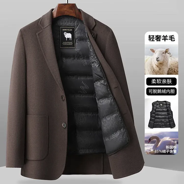 皮尔卡丹【鹅绒内胆】双面呢羊毛西服男士羊毛呢加厚男士毛呢外套