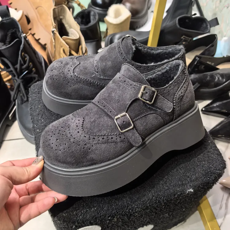 冬季加绒厚底复古百搭增高毛毛圆头保暖勃肯鞋鞋新疆包邮
