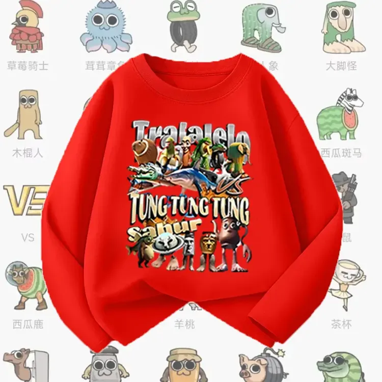 新款2025国外山海经通通抽象木棍男童春秋季纯棉长袖T恤儿童上衣