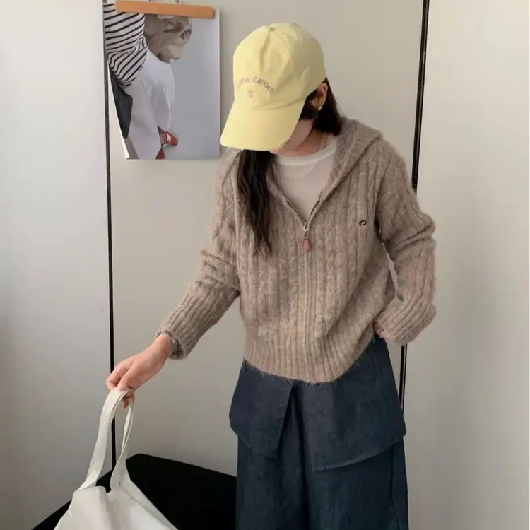 韩版慵懒风连帽毛衣外套女秋冬麻花宽松休闲百搭简约针织开衫上衣