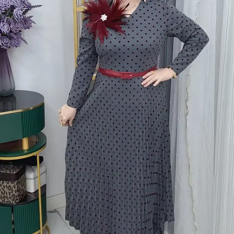 秋季新款波点长袖收腰显瘦气质法式中长连衣裙