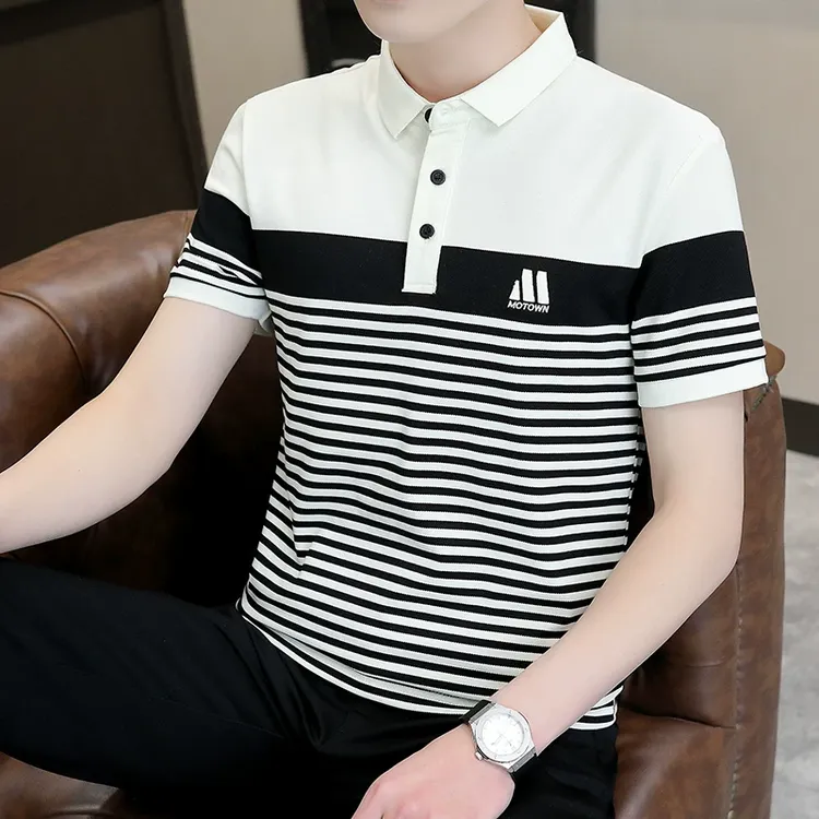夏季新款条纹短袖t恤男士polo衫高品质翻领半袖打底衫拼接上衣潮