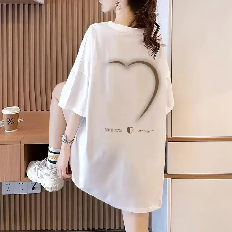 2025新款爆款韩版休闲宽松上衣大码女装纯棉重磅中长款短袖t恤女