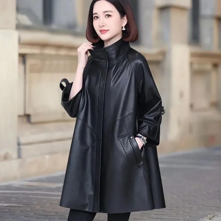 海宁时尚皮衣女中长款2025春秋绵时尚韩版大码宽松妈妈装风衣外套