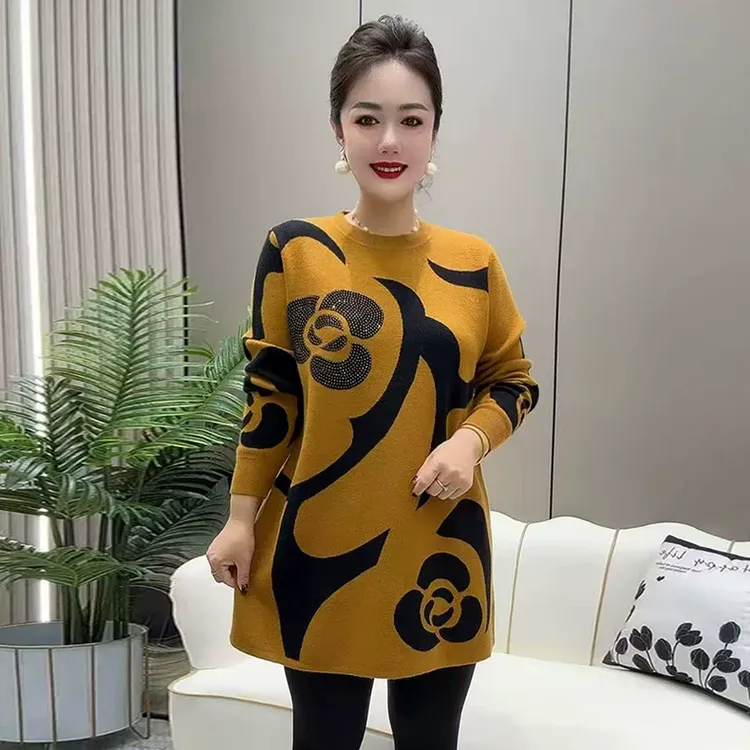5944高档针织大版衫秋冬新款宽松时尚大码遮肚子烫钻玫瑰花打底裙