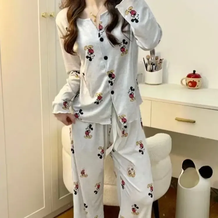 卡通米奇睡衣女V领春秋长袖舒适女士时尚薄款秋季宽松家居服套装