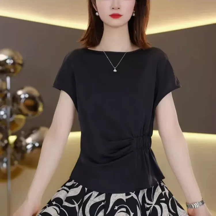 短袖雪纺衫女夏季2025新款卡腰小衫短款洋气减龄宽松遮肚子上衣服