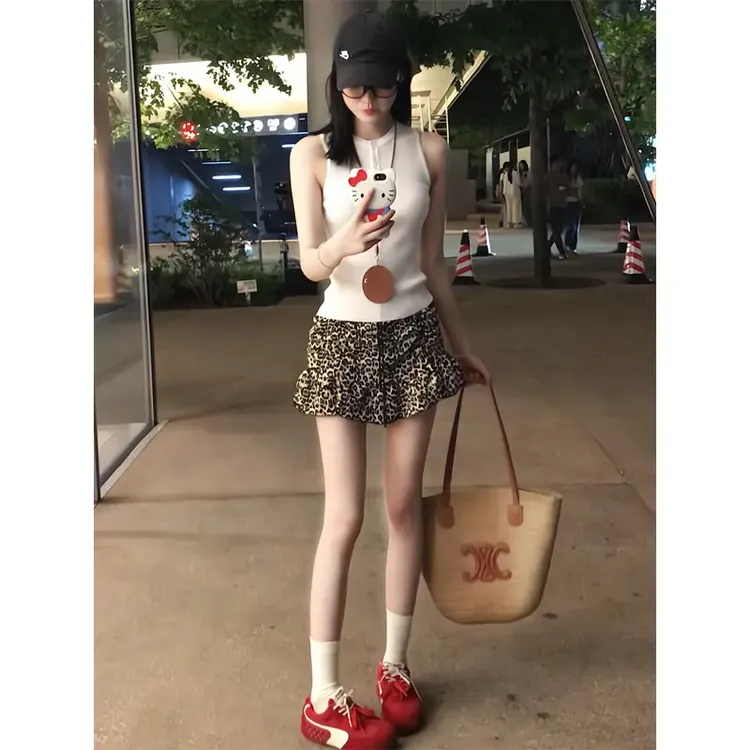 夏日绝美俏皮小套装韩系辣妹针织背心上衣女夏季豹纹短裙裙裤套装