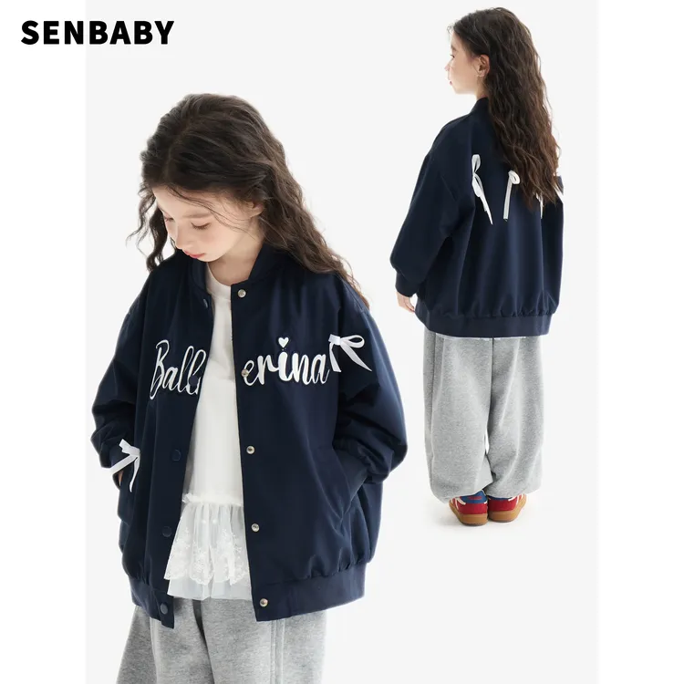 senbaby女童春装外套韩版藏青外套内搭蕾丝拼边T恤两件套
