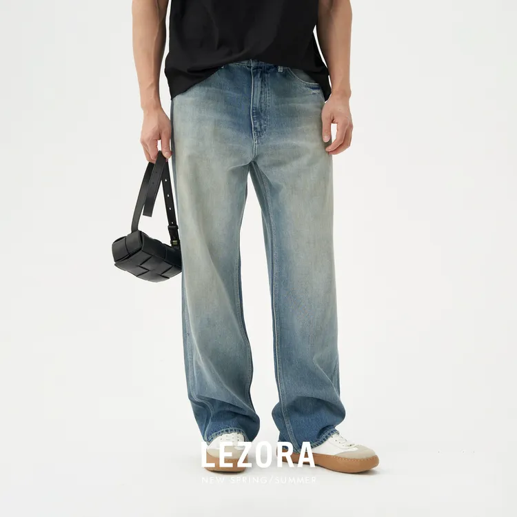 LEZORA 脏污蓝！vintage做旧美国cone丹宁大直筒牛仔裤男