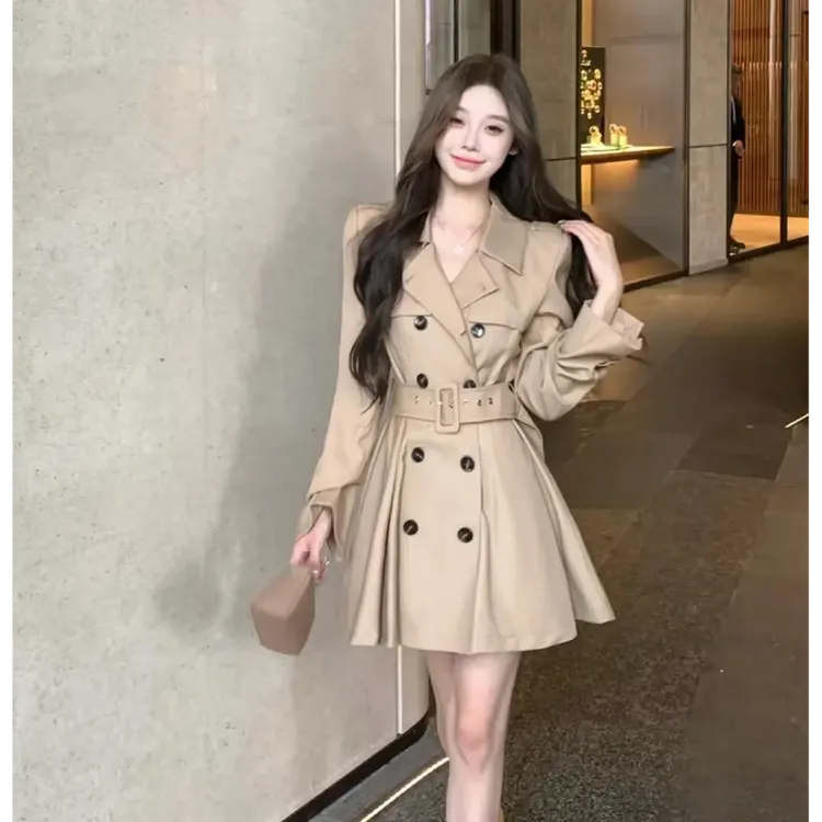 【秋叶落畔】高级设计感卡其色连衣裙式风衣外套春秋小个子短款收腰