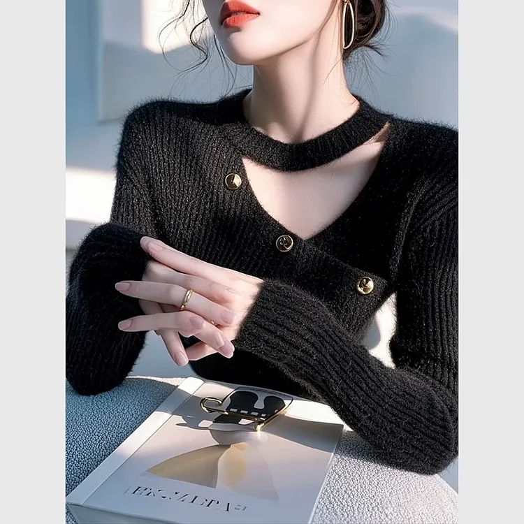小香风黑色内搭打底针织衫女士2025冬季爆款韩系chic镂空修身毛衣