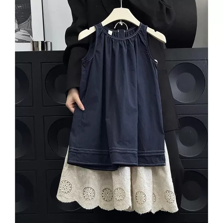 女童韩版连衣裙套装夏装2025洋气儿童复古背心裙宝宝酷女童套装