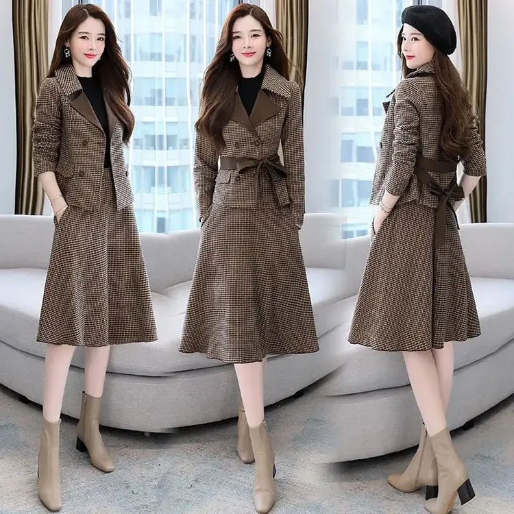 高端毛呢套装裙女2023春秋新款女神范气质时尚格子减龄两件套装裙