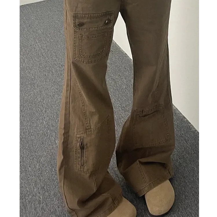 2024秋冬新款卡其色工装牛仔裤男女不贴腿微喇裤多口袋拖地长裤子