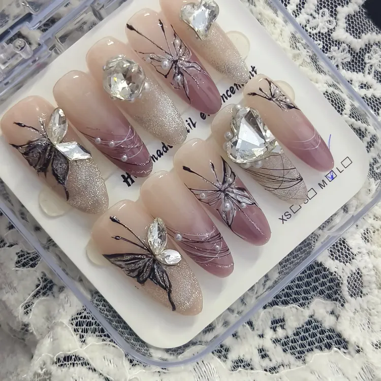 穿戴甲纯手工穿戴甲蝴蝶好看的晕染中长款