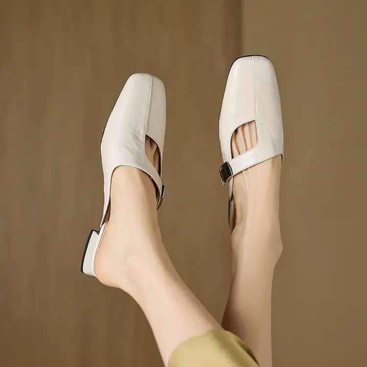 2.5cm时尚夏季法式方头低跟粗跟半托舒适包头凉拖鞋女g