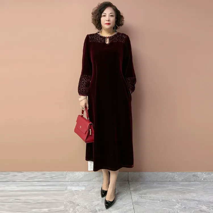 真丝绒连衣裙2025春季新款高贵奢华洋气裙子大码高级感妈妈打底裙
