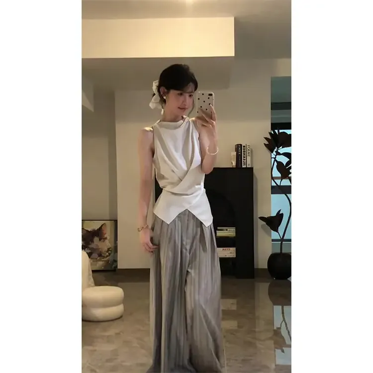 夏季通勤感气质无袖交叉绑带收腰设计感上衣阔腿裤2025新款女士
