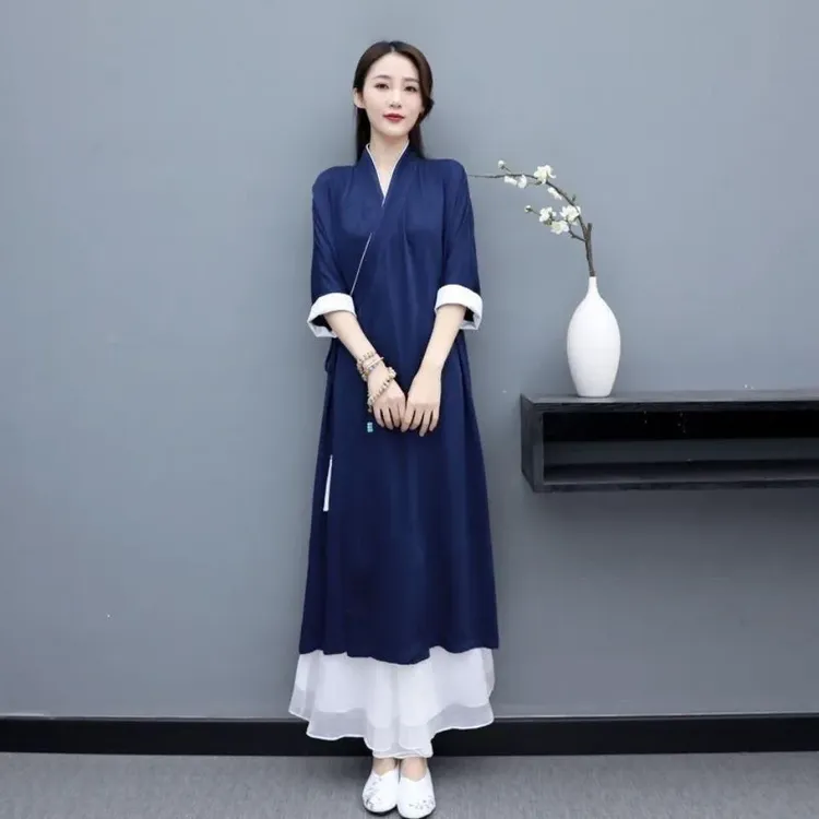 新款网红改良汉服中国风交领系带汉服居士瑜伽长袍服禅服茶服套装