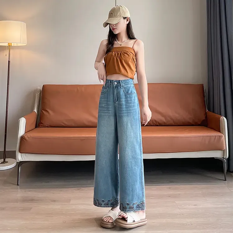 时尚中式刺绣直筒牛仔裤夏季薄款高腰宽松显瘦潮流百搭八分阔腿裤