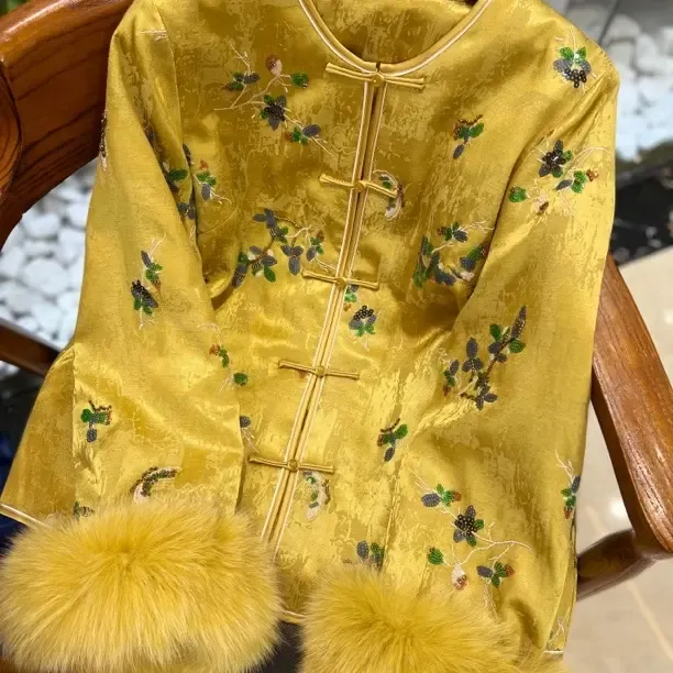 新中式重工刺绣满绣亮片女棉服短外套棉袄狐狸毛可拆卸