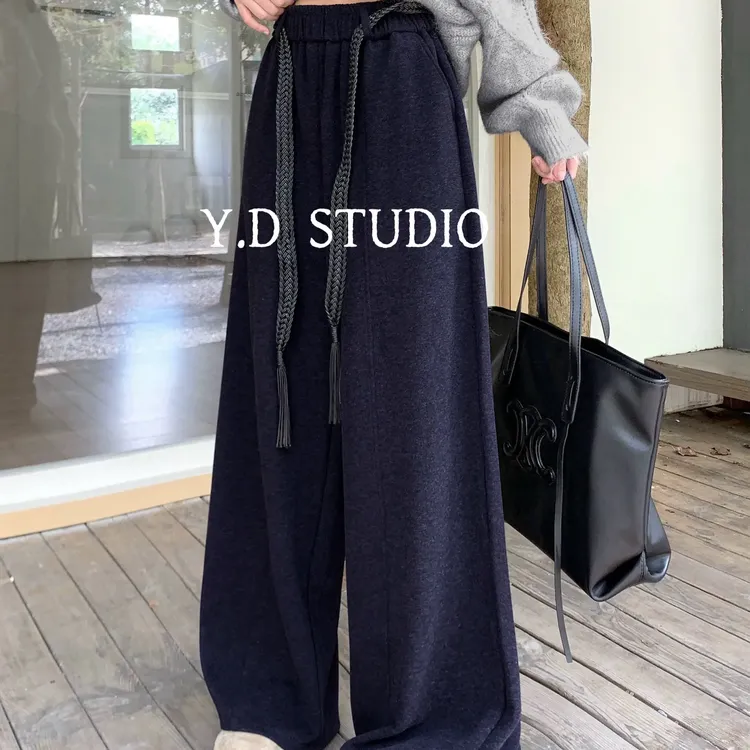 美式深灰色毛呢阔腿裤女秋冬新款高腰宽松垂感弯刀拖地裤
