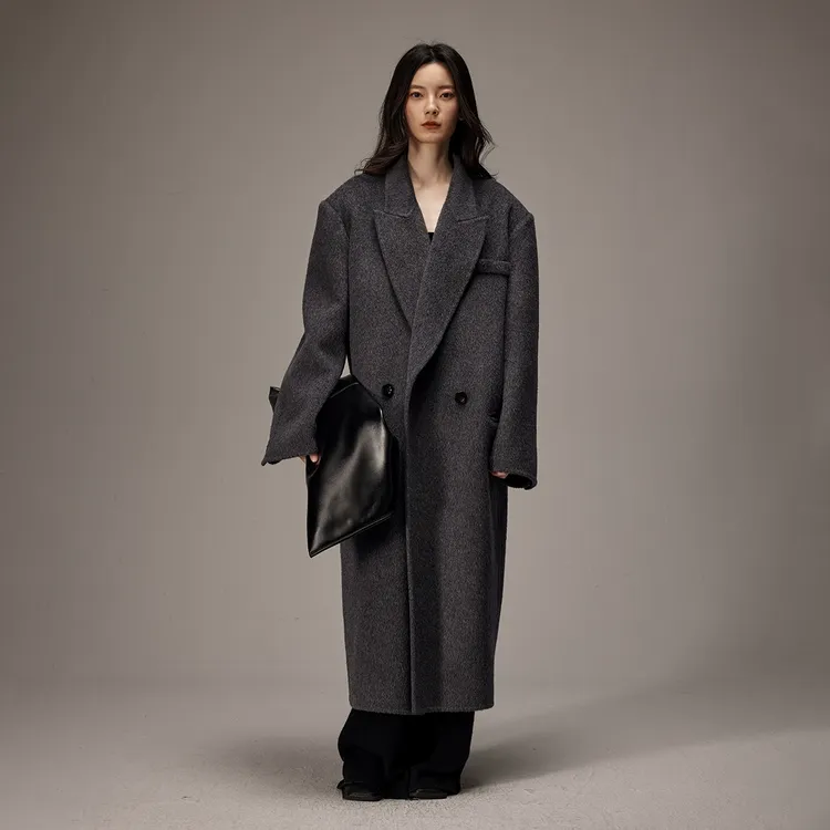 INOUTHRQ新款10驼绒正肩西装领双面羊毛大衣直筒宽肩呢子外套