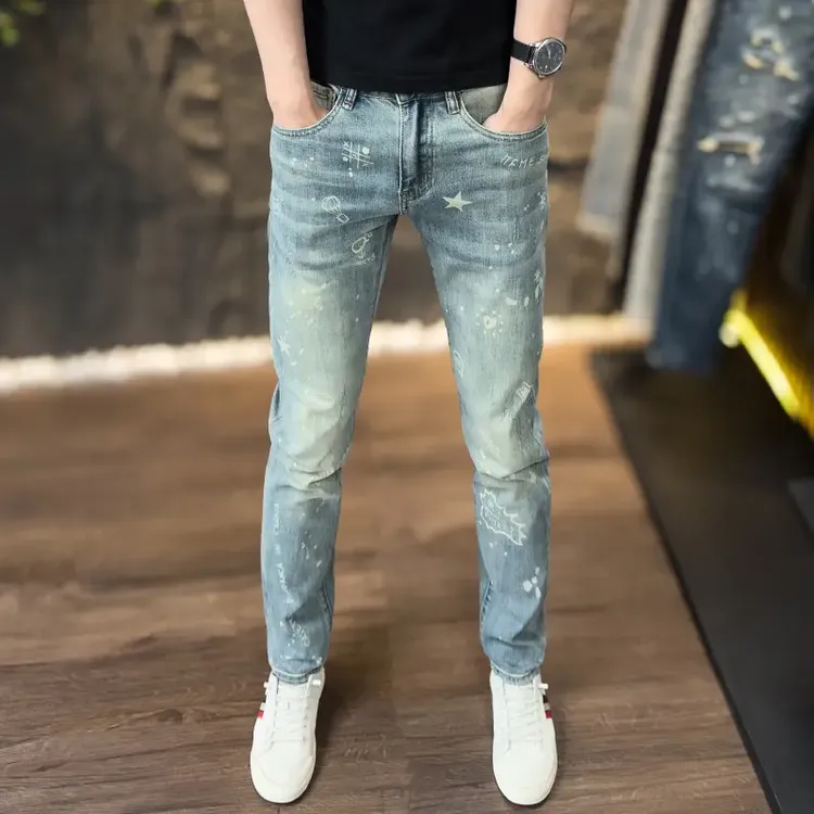 秋季ins风印花男款欧货牛仔裤潮流百搭时尚修身弹力复古水洗长裤
