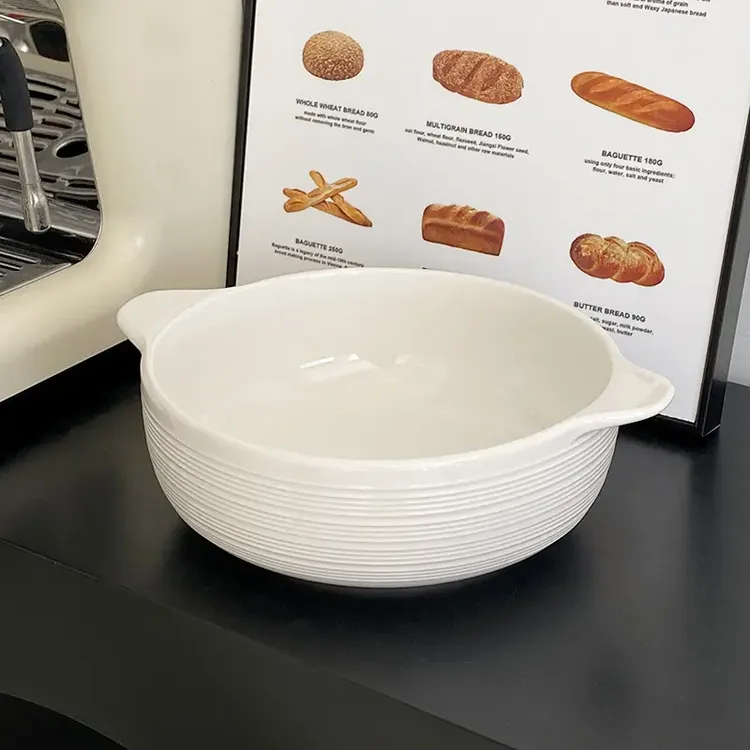 双耳汤碗家用简约白色条纹汤碗陶瓷大碗大汤碗烤碗加厚韩式高级感