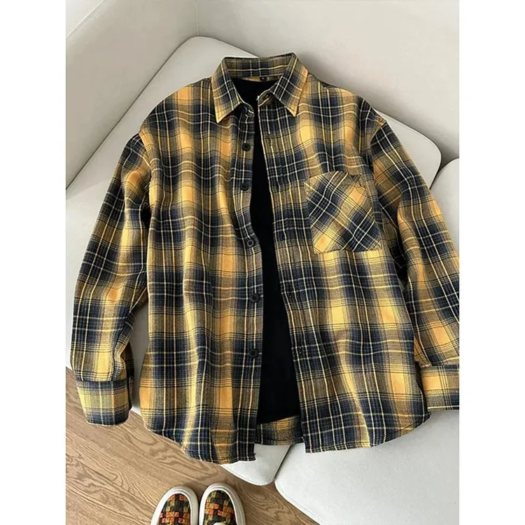 黄色格子长袖衬衫男高级感内搭叠穿上衣美式复古休闲衬衣翻领外套