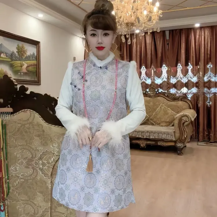 新中式复古港风长袖打底衫中长款单独马甲