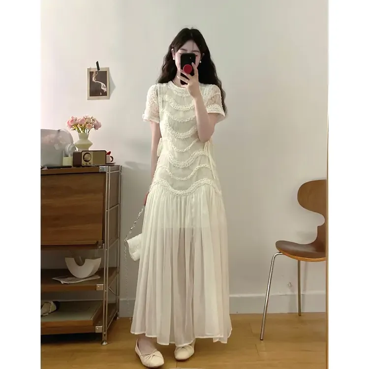 大码女装2025春夏新款法式高级感拼接仙气重工显瘦洋气仙女款长裙