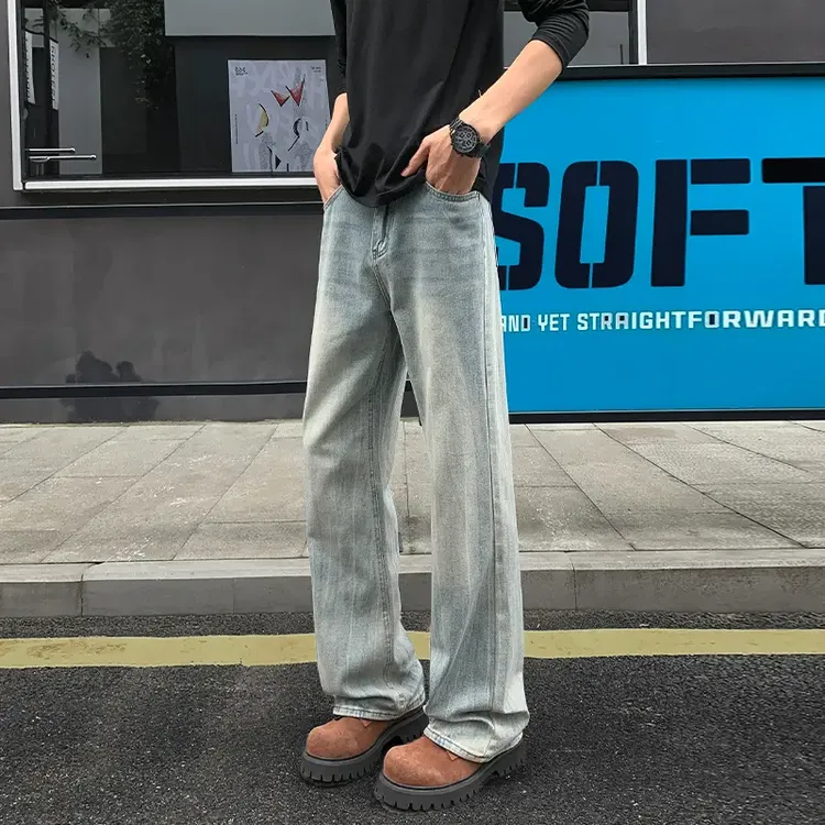 蓝色水洗做旧闪电纹牛仔裤男春秋日系复古潮牌高级感大码直筒裤子