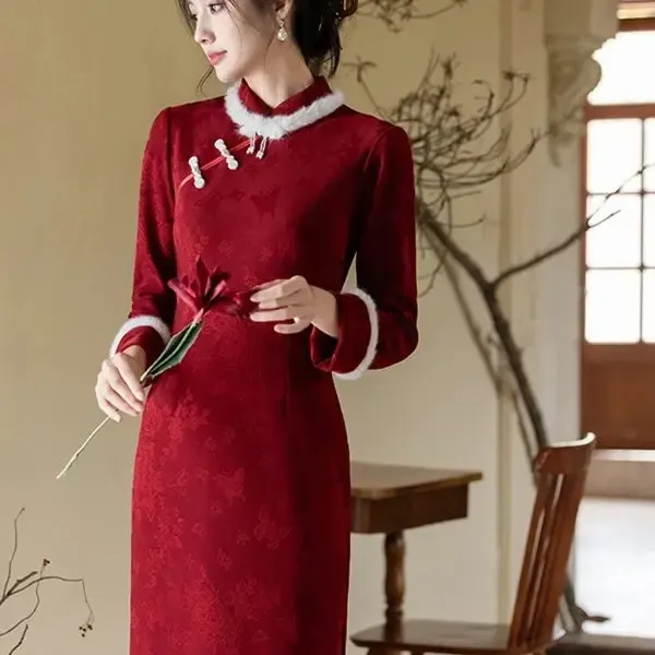 新中式红色加绒加厚旗袍冬季保暖复古修身显瘦中国风日常气质