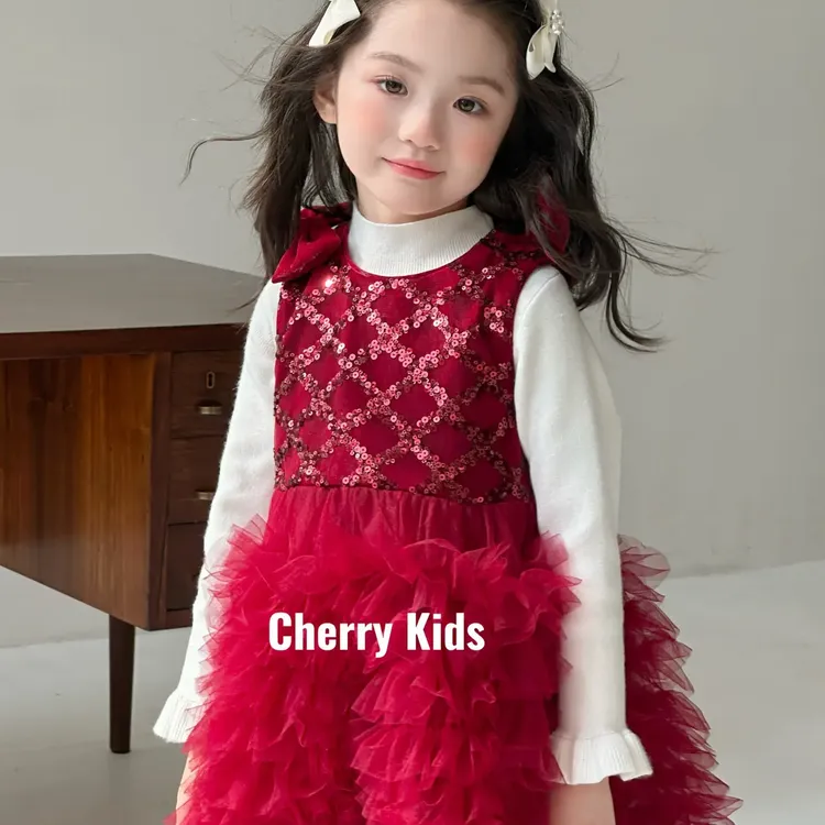 正版樱桃Cherry 女童秋冬加绒红色亮片背心裙6795