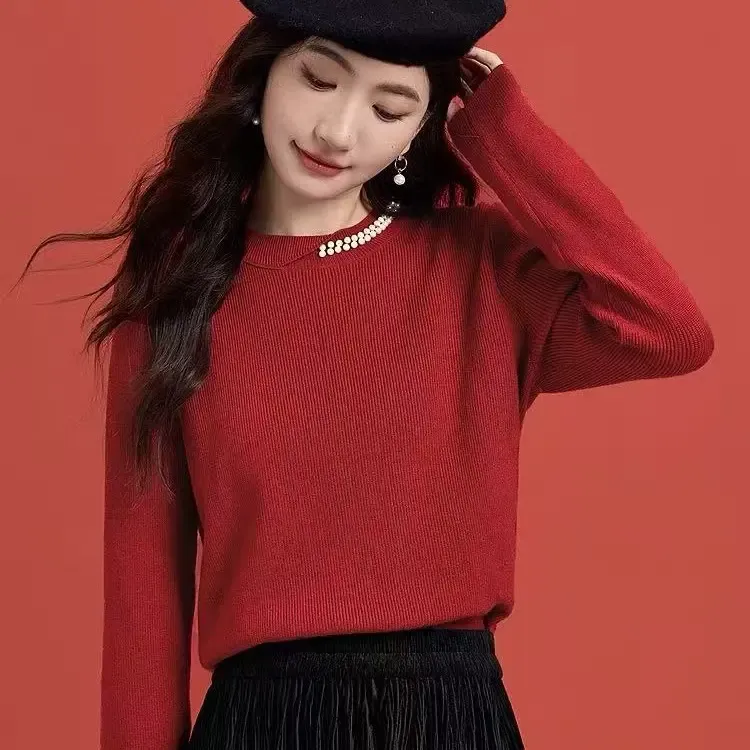 秋冬慵懒风红色半边钉珠宽松显瘦针织打底衫女内搭上衣